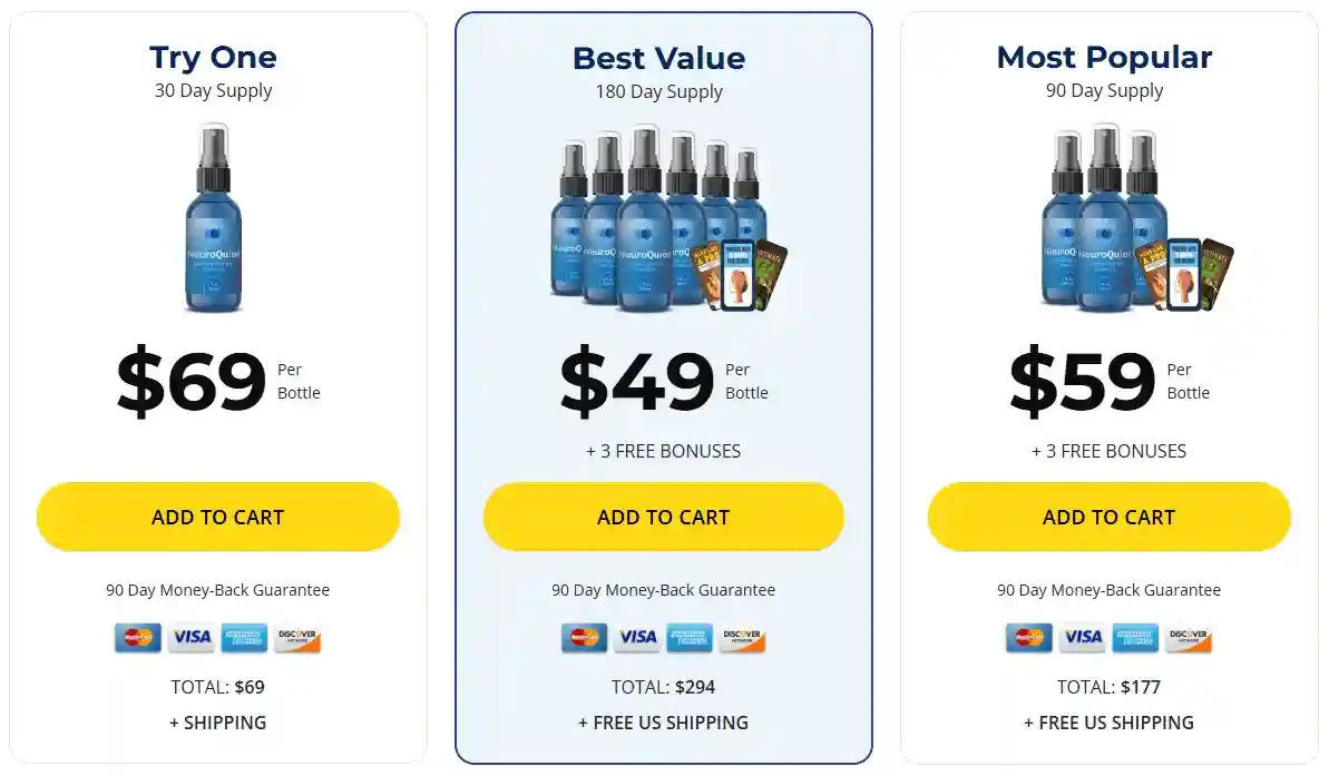 neuroquiet pricing bundles showing 1, 3, and 6 bottle options